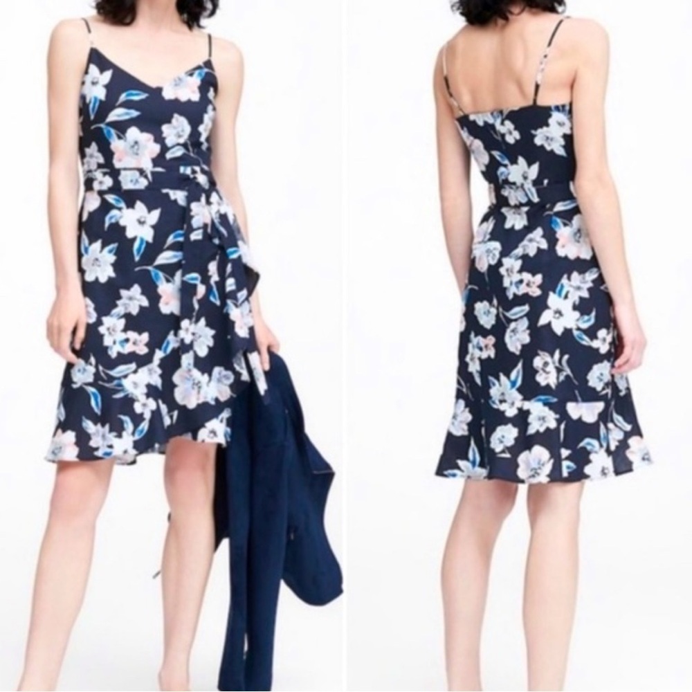 NWT Banana Republic Linen-Cotton Ruffle Wrap Navy Floral Printed Dress Size 8